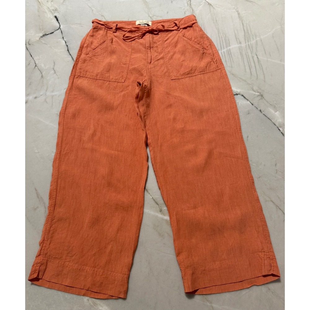 Linden Hill Womens 100% Linen Wide Leg cropped Pants Orange Size 12 Drawstring